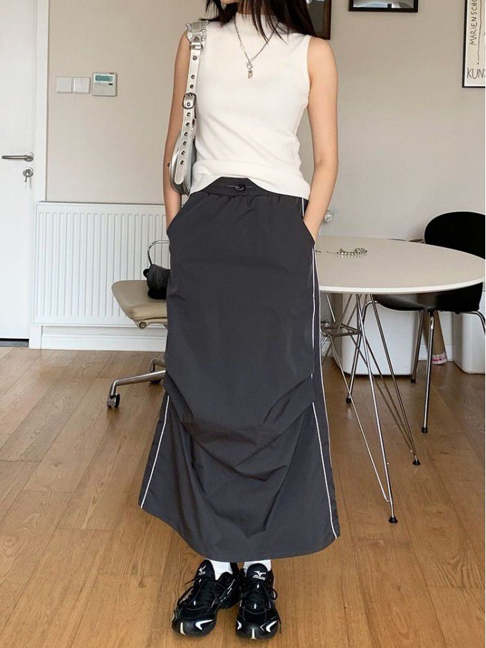 Design sense pleated small slit elastic waist skirt fashionable long skirt for women 