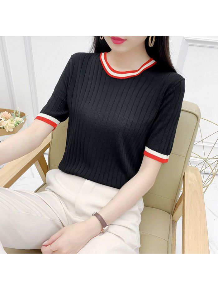 Ice hemp short sleeved t-shirt for women in summer, new women's color matching, thin and fashionable, slimming, ice silk base knit shirt for women 