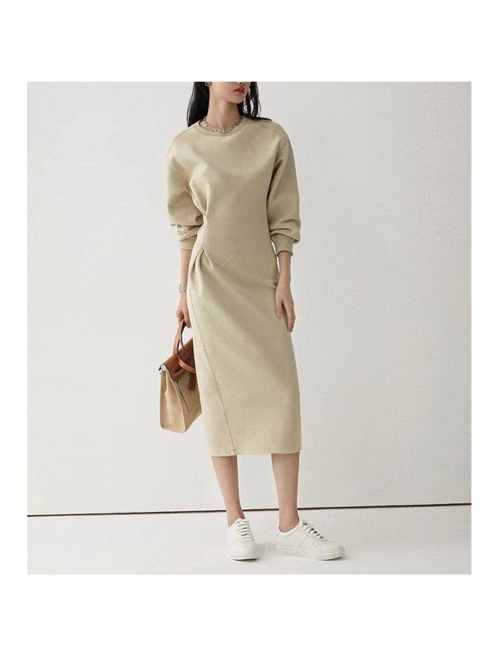 Early Autumn New Air Layer Waist Fold Sweatshirt Style Dress Shows Slim Length 