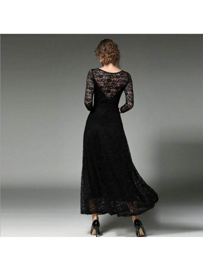 Autumn New Women's Dress Long Sleeve Slim Fit Solid Color Hooked Flower Hollow Lace Dress 