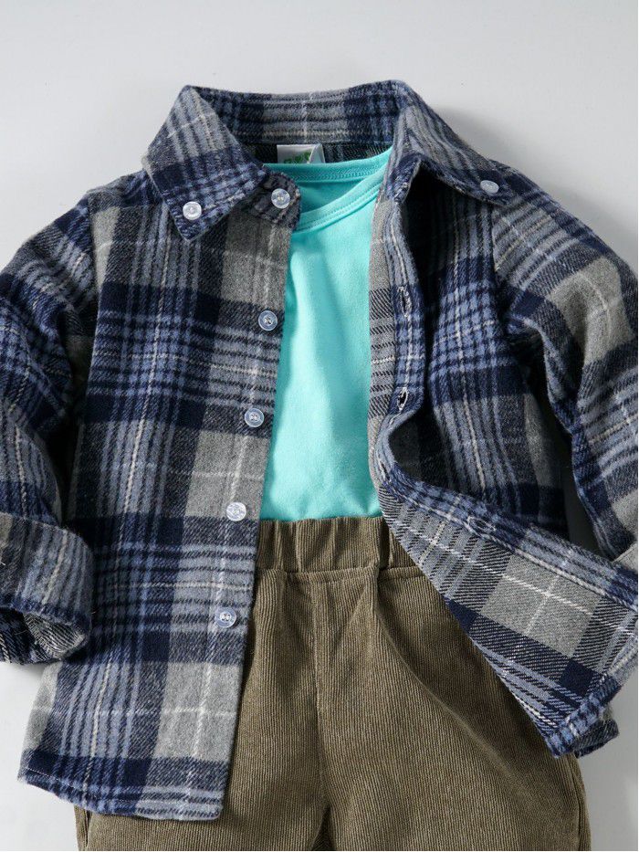Boys' plaid shirt outerwear knitted T-shirt corduroy pants 3-piece set for children 