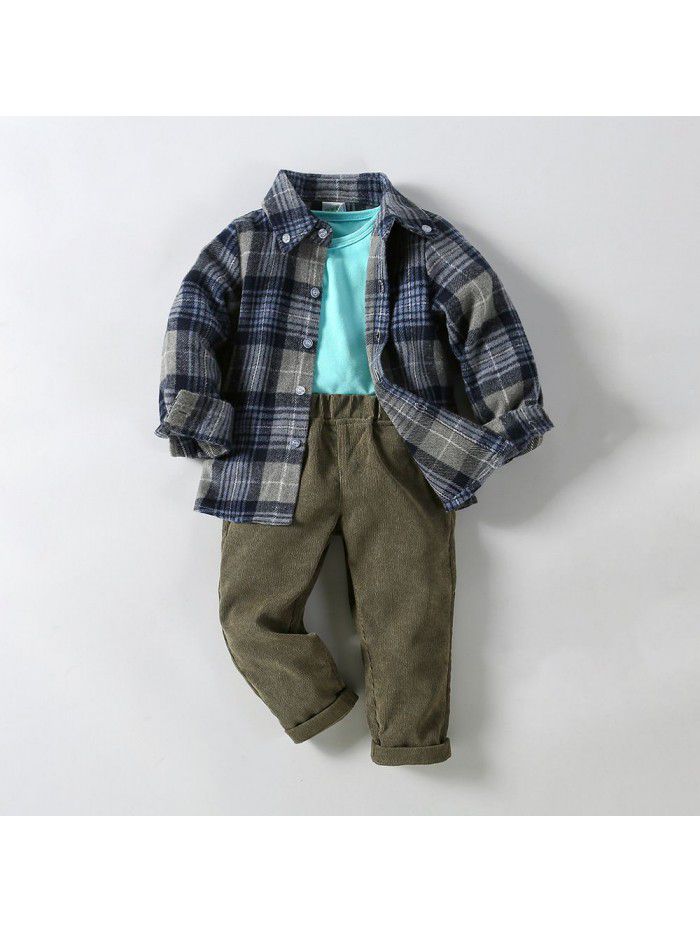 Boys' plaid shirt outerwear knitted T-shirt corduroy pants 3-piece set for children 