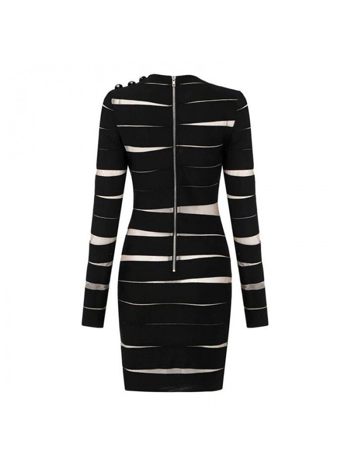 Women's Long Sleeve Mesh Irregular Striped Black Classic Long Sleeve Dress 