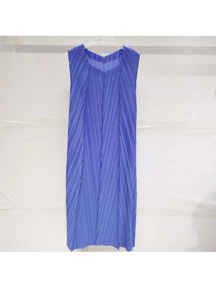 High end pleated minimalist fashion casual mid length herringbone pleated dress 