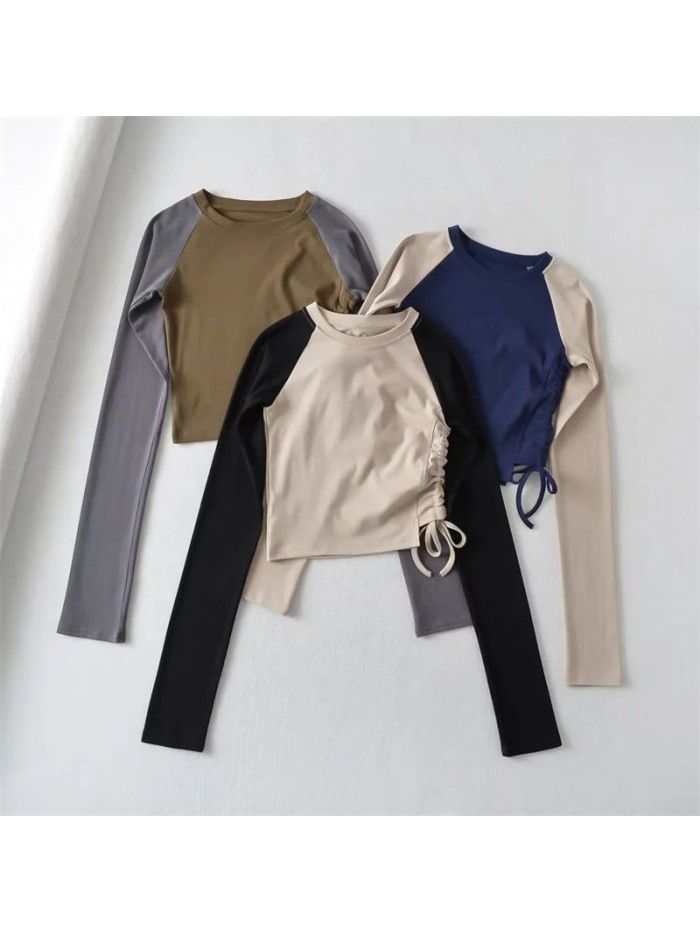 Fall side drawcord long-sleeved T-shirt sexy hot girl top new round neck contrast short bottom blouse women 