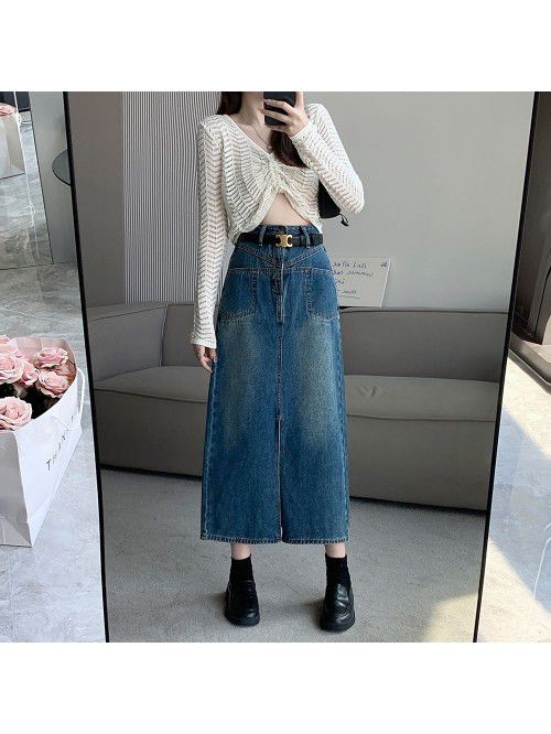 Oversized Hong Kong style retro split denim skirt ...