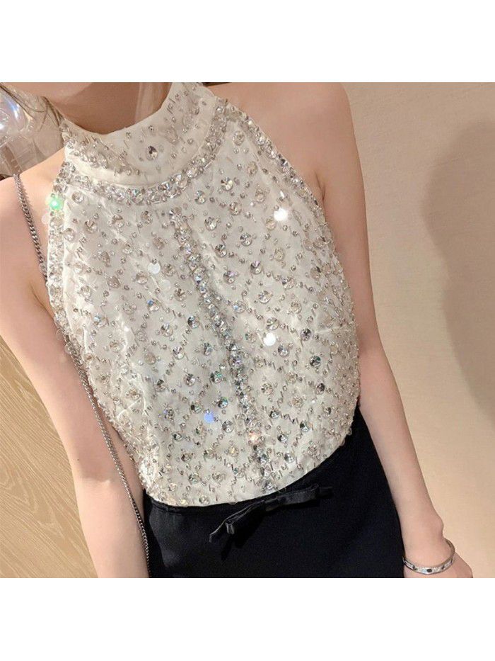 Celebrity Heavy Industry Hanging Neck Pin Bead Sequin Waist Wrapped Dress Fairy Summer French Light Luxury Diamond Bow Tie Small Black Dress 