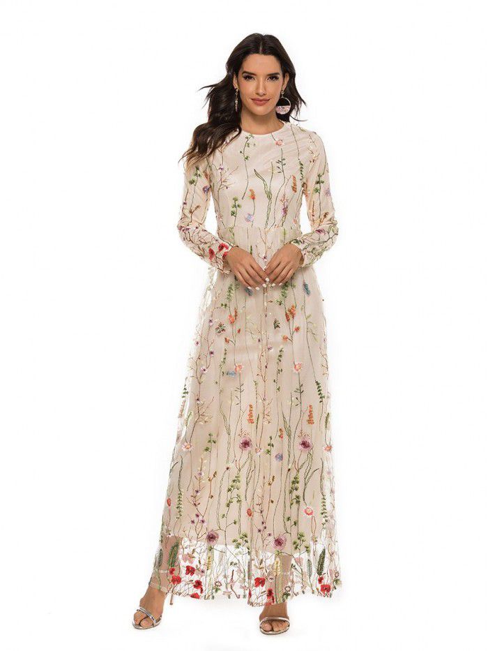 Fashion Embroidery Dress Sweet Flower Lace Long Dress 