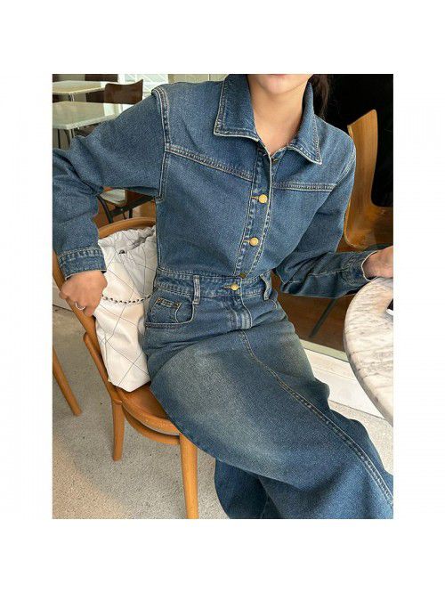 Retro waistband denim dress for women's classic sl...