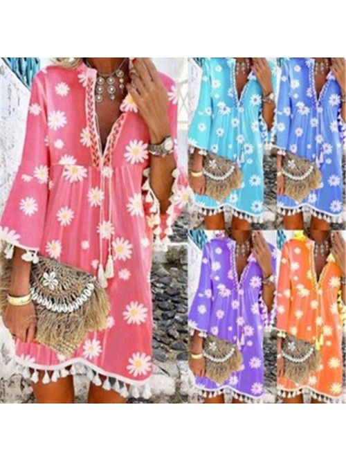 Summer New Hot Selling Print Daisy 3/4 Sleeve Tass...