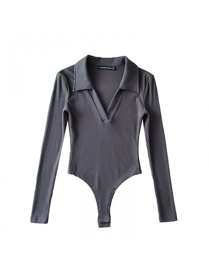 Deep V-neck long sleeved one piece women's autumn and winter polo collar slim fitting bottom T-shirt top 