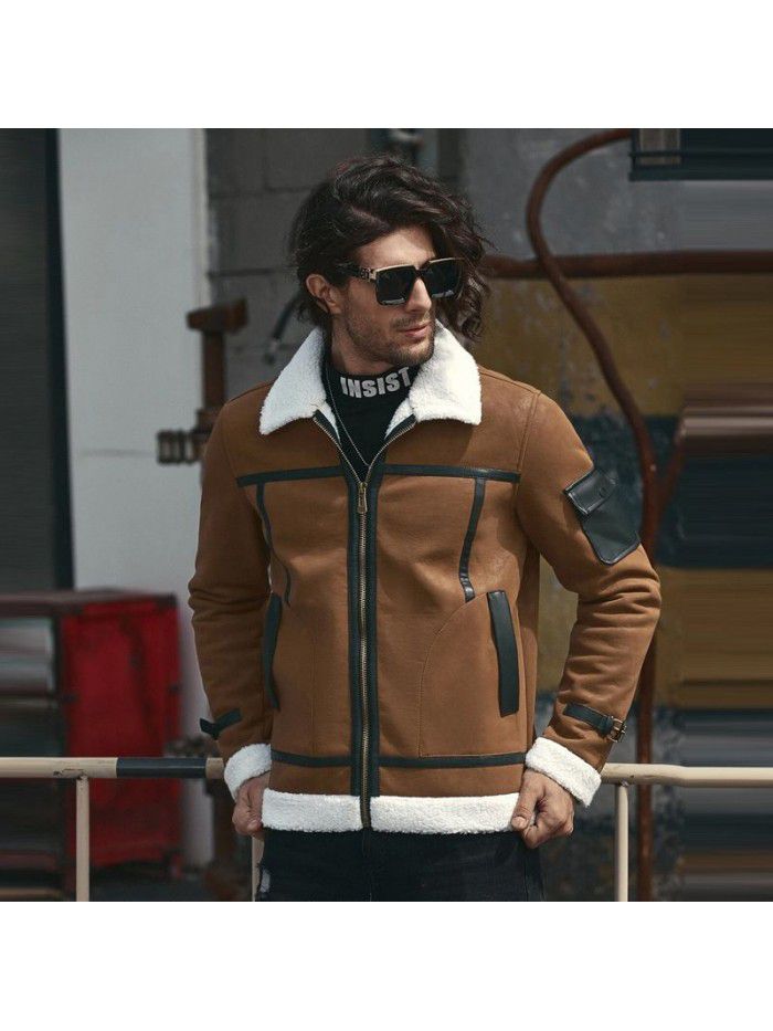 Flip collar plush leather jacket men's fur and fur integrated large leather jacket