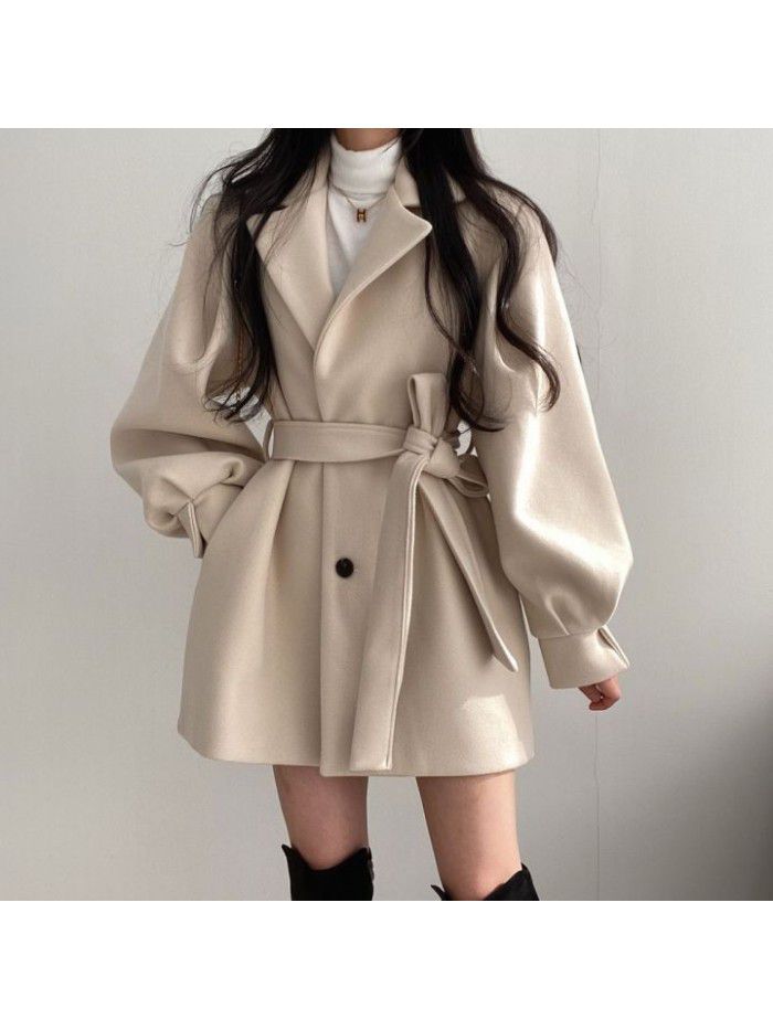 Thickened autumn and winter strapping temperament, small suit collar, medium length woolen women's coat jacket