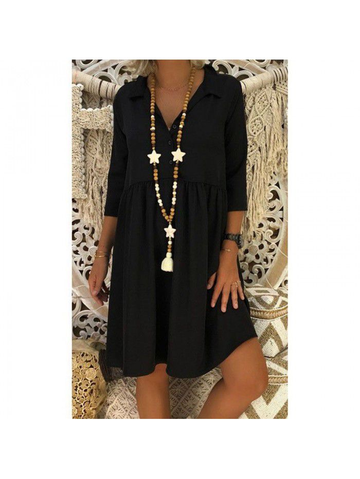 Women's 3/4 sleeve deep V-neck loose casual solid color dress 