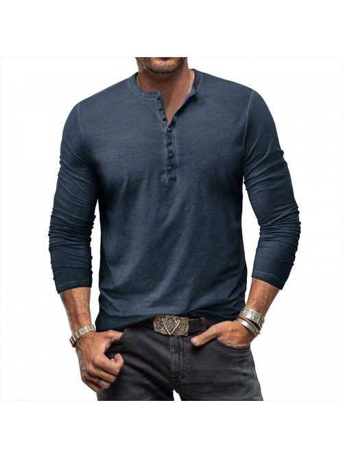 Men's imitation old Henry shirt retro long sleeved...