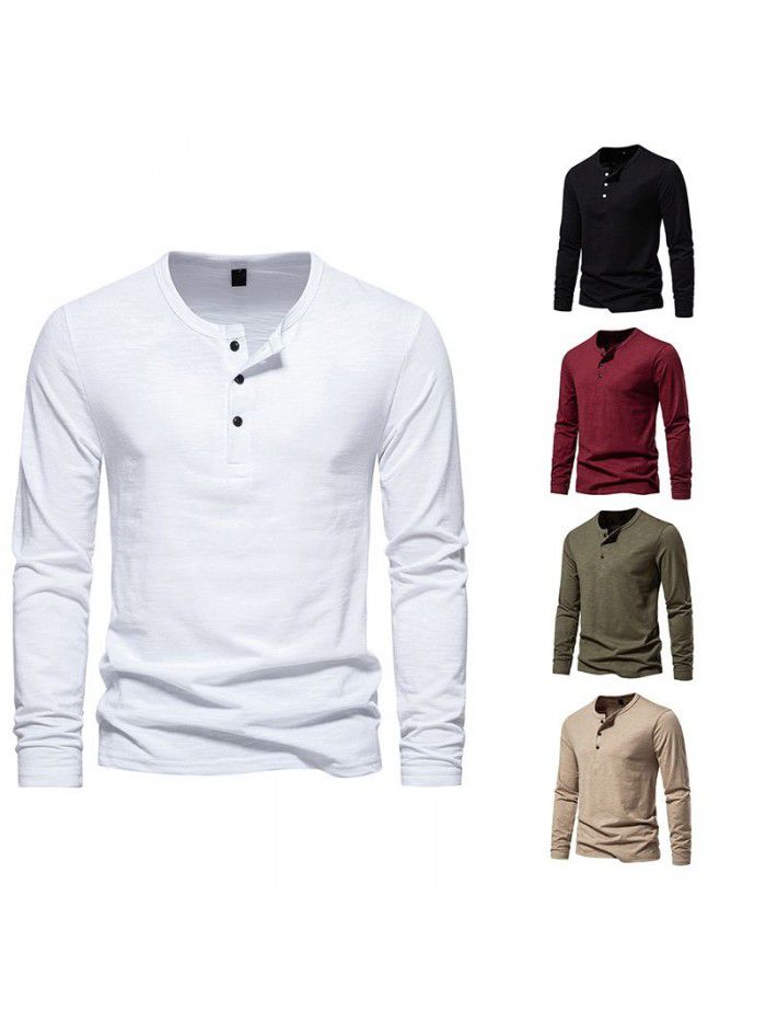 New Men's Long Sleeve T-shirt Fashion Solid Three Button Henry T-shirt Men's Top T-shirt Underlay 