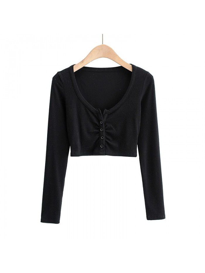 Autumn Spicy Girls Sexy Slim Fit Short Open Umbilical Pleated T-shirt Women's Tight Bottom Shirt Single breasted Top 