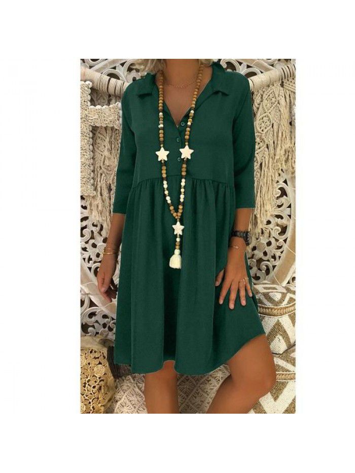 Women's 3/4 sleeve deep V-neck loose casual solid color dress 