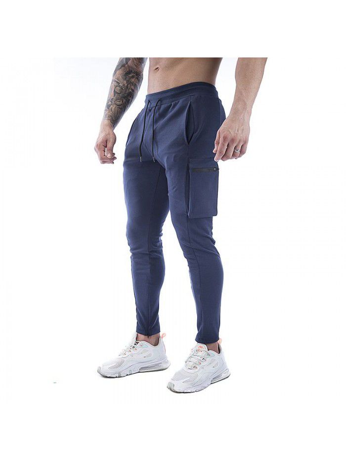 Men's sports pants stretch cotton casual small leg large zip pocket men's pants 