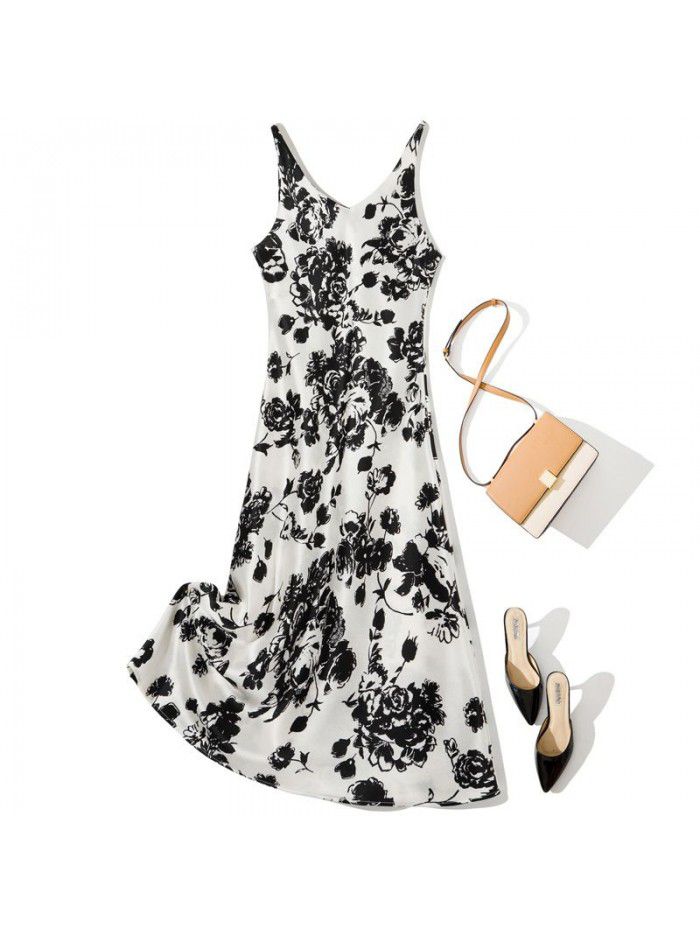 Autumn New Fashion Strap Printing Temperament Slim Fit Acetic Acid Women's Sleeveless Dress 