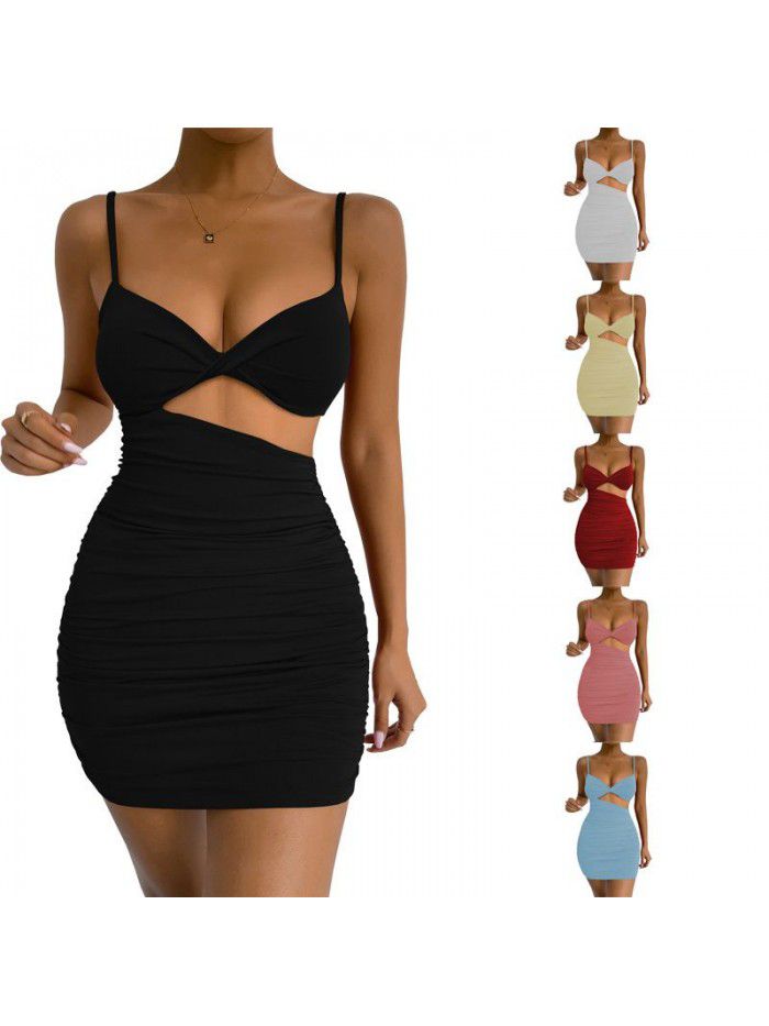 Women's Open Waist Suspended Dress Sexy Slim Fit Pleated Wrapped Hip Dress 