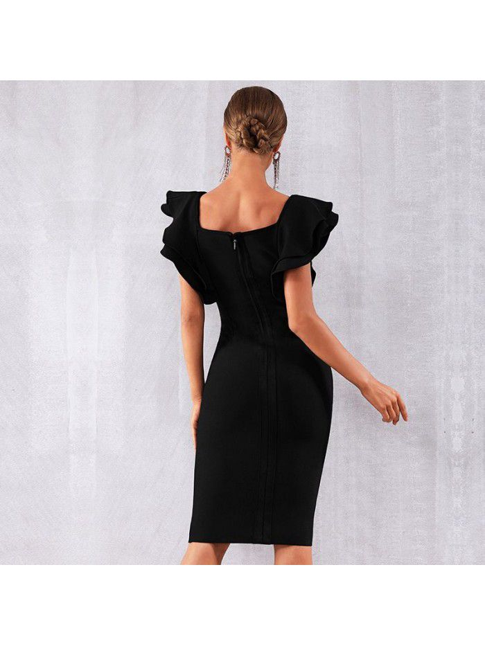 Summer Party Bandage Dress Sexy Ruffle Edge Butterfly Sleeve Tight Club Dress 