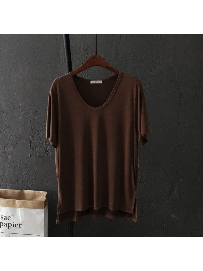 Basic solid V-neck short sleeved T-shirt for female students Summer loose bottomed shirt for slimming top trend 