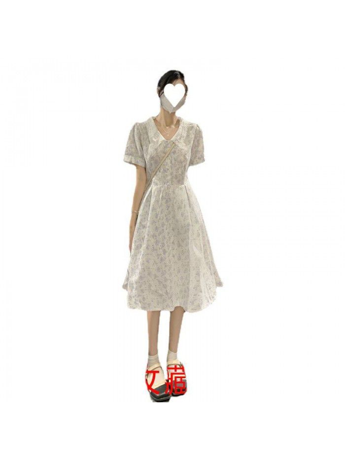 Fragmented Flower Dress Mid length Summer New Style Slim Short Sleeve French Small Dress 