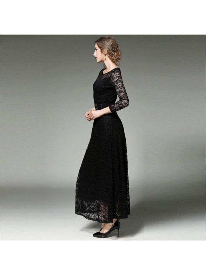 Autumn New Women's Dress Long Sleeve Slim Fit Solid Color Hooked Flower Hollow Lace Dress 