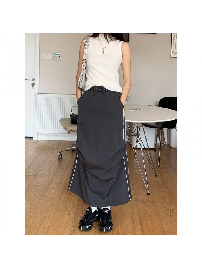 Design sense pleated small slit elastic waist skirt fashionable long skirt for women 