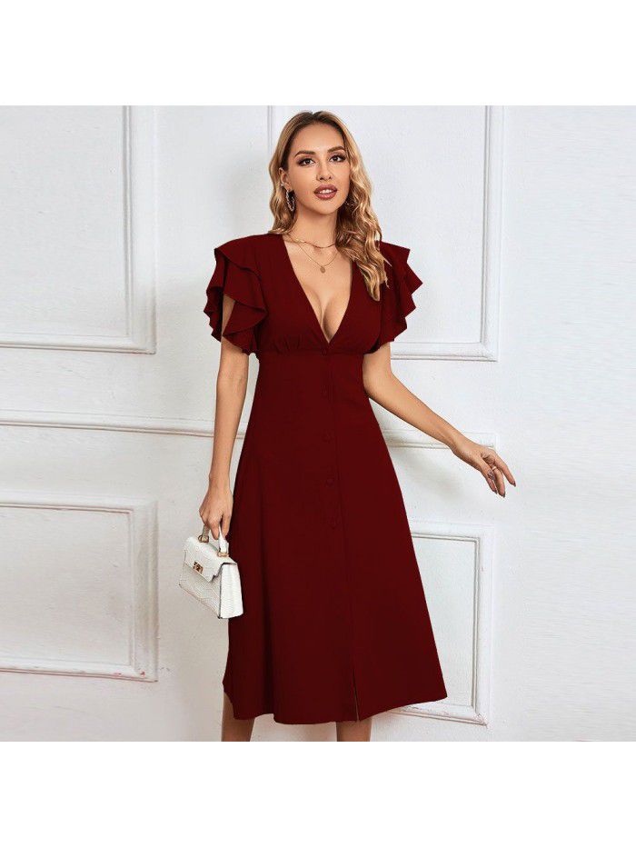 Women's New V-neck Sexy Backless A-line Dress Mid length Dress 