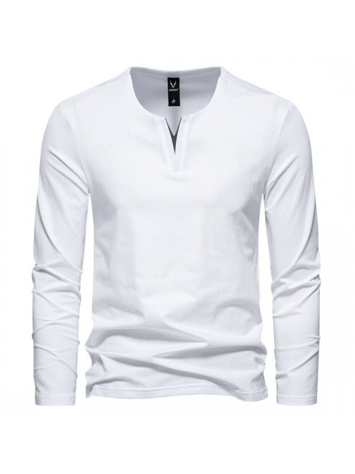 Autumn and Winter New Men's Henley T-shirt V-neck Long Sleeve T-shirt American Retro Casual Solid Base T-shirt Men's 