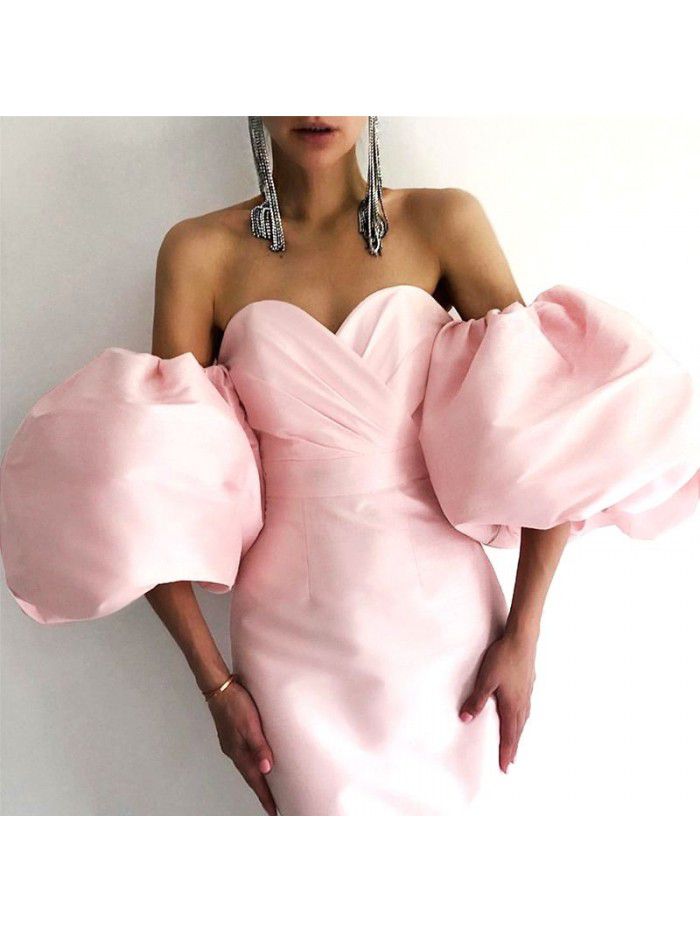 Autumn Women's Solid Color Wrapped Chest High Waist Lantern Sleeve Mid length Dress Dress 
