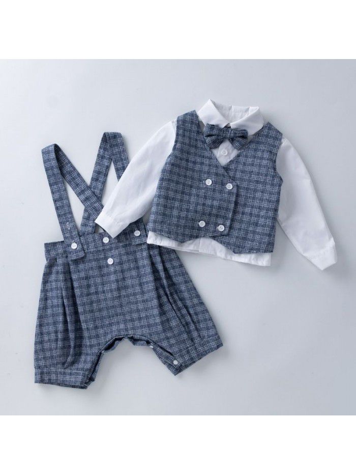 Children's Spring and Autumn Gentlemen's Dress Set Boys' Long Sleeve T-shirt Vest Strap Pants 3PK Set 