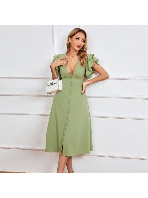 Women's New V-neck Sexy Backless A-line Dress Mid ...
