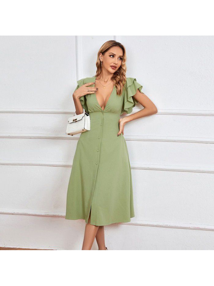 Women's New V-neck Sexy Backless A-line Dress Mid length Dress 