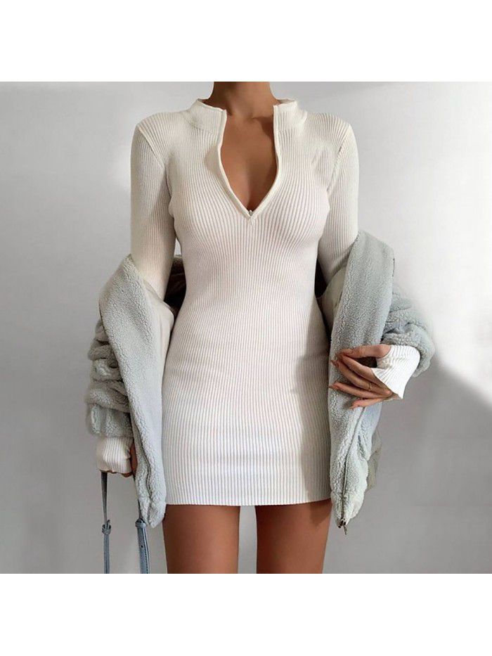 Autumn/Winter Trend Women's Long Sleeve Dress Versatile Neckline Zipper Sexy Slim Fit Wrap Hip Dress 