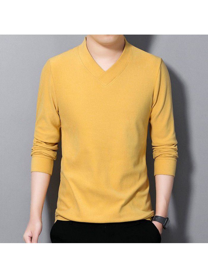 Men's double-sided velvet T-shirt, men's sweater, long sleeved V-neck, large size base coat, spring and autumn new solid color matte top 