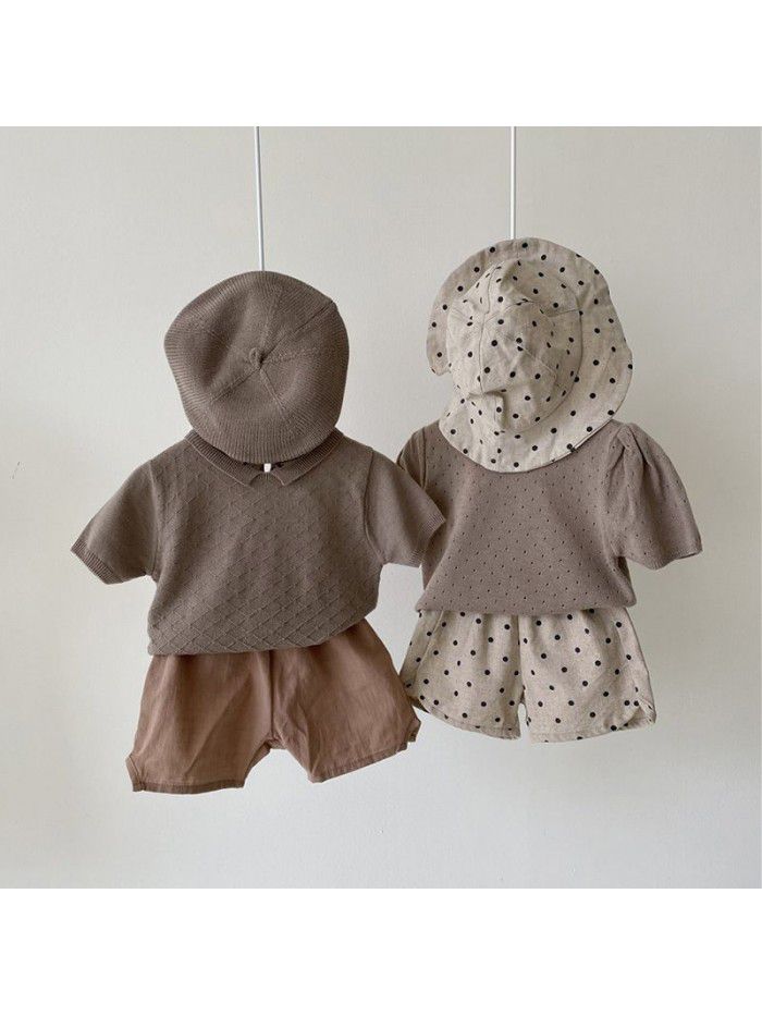 Children's summer new style children's bubble sleeve knitted T-shirt top girls round neck pullover 