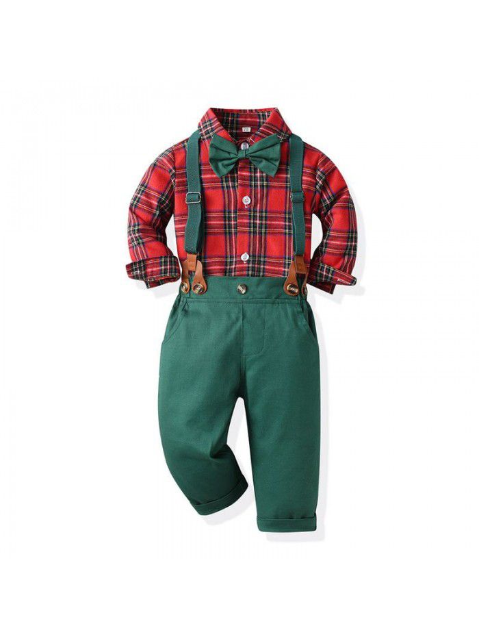 Clothing New Boys' Plaid Long Sleeve Polo Collar Cotton Cardigan Strap Pants Holiday Set Fashion Style 