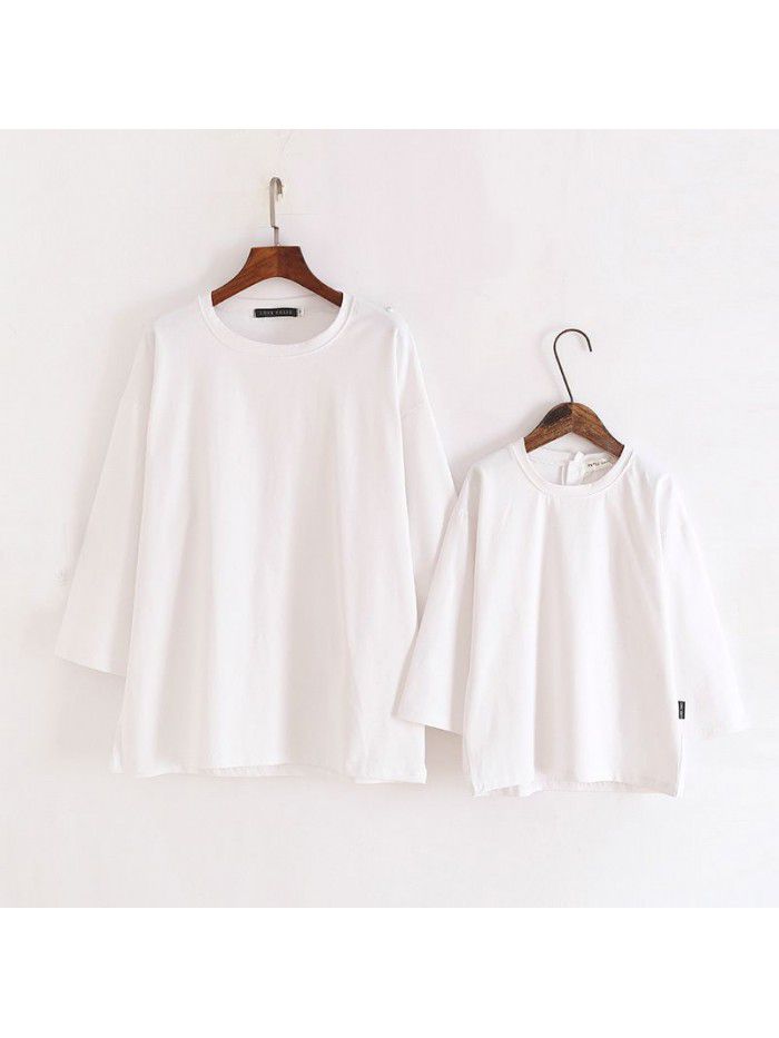 Spring and summer children's clothing, parent-child clothing, baby mid sleeved T-shirt, minimalist mother and child top, medium length style 