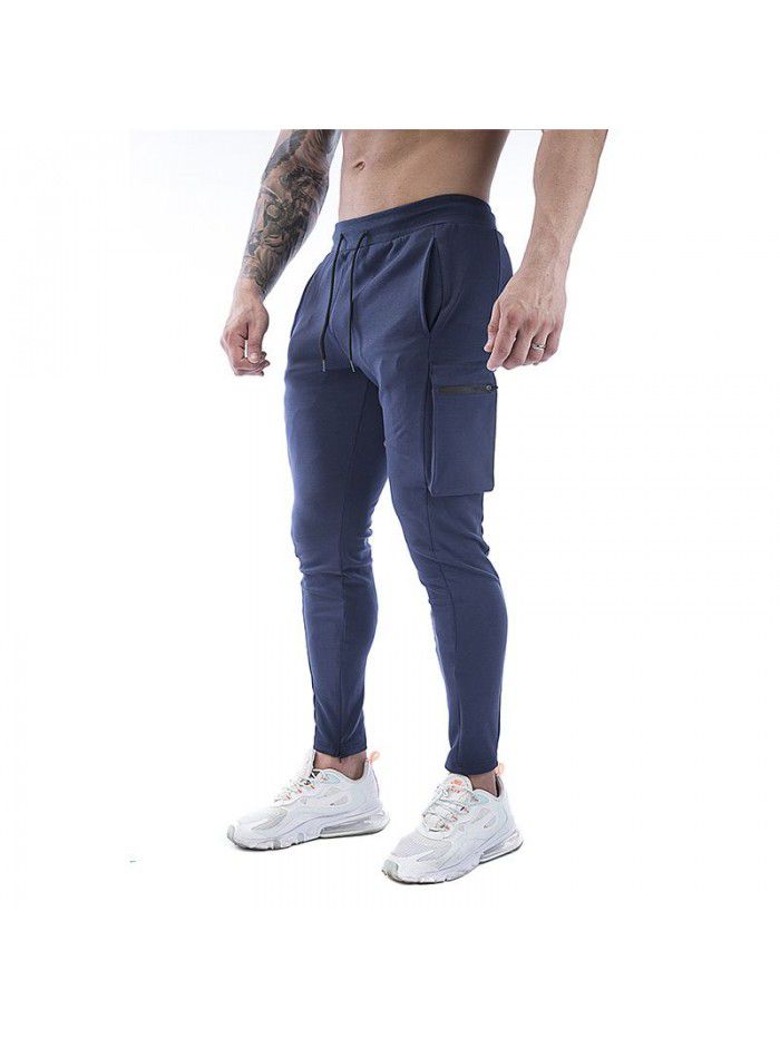 Men's sports pants stretch cotton casual small leg large zip pocket men's pants 