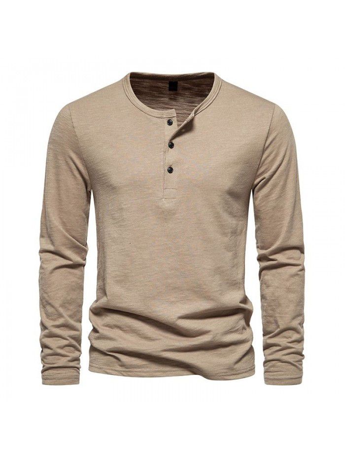 New Men's Long Sleeve T-shirt Fashion Solid Three Button Henry T-shirt Men's Top T-shirt Underlay 