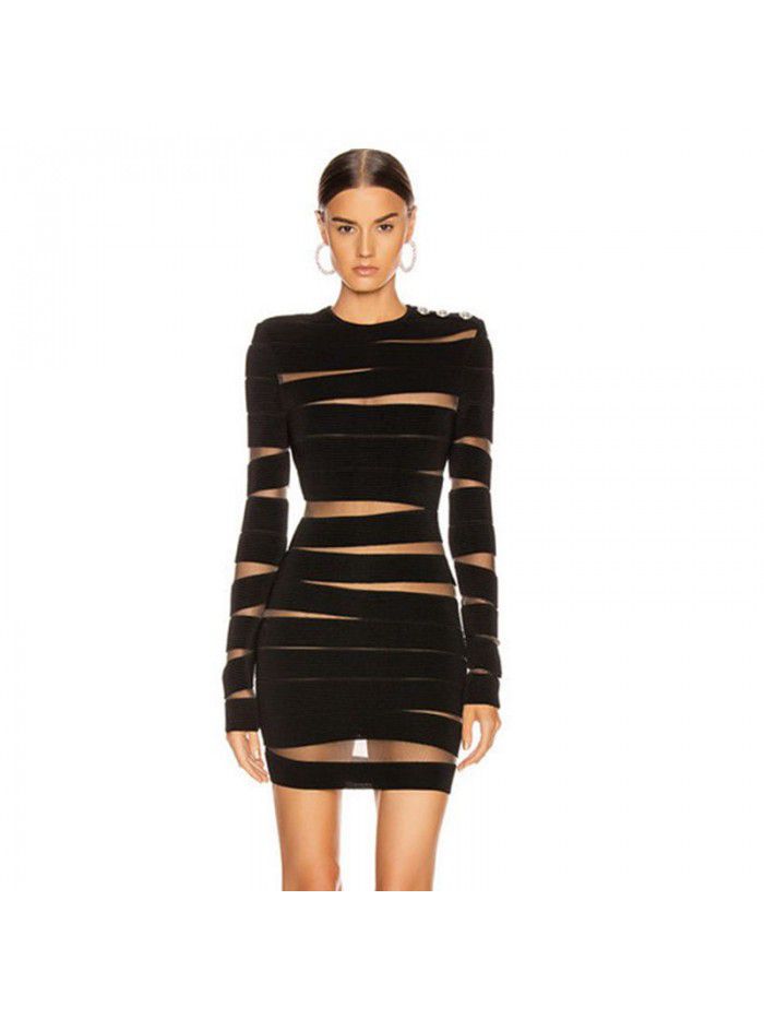 Women's Long Sleeve Mesh Irregular Striped Black Classic Long Sleeve Dress 