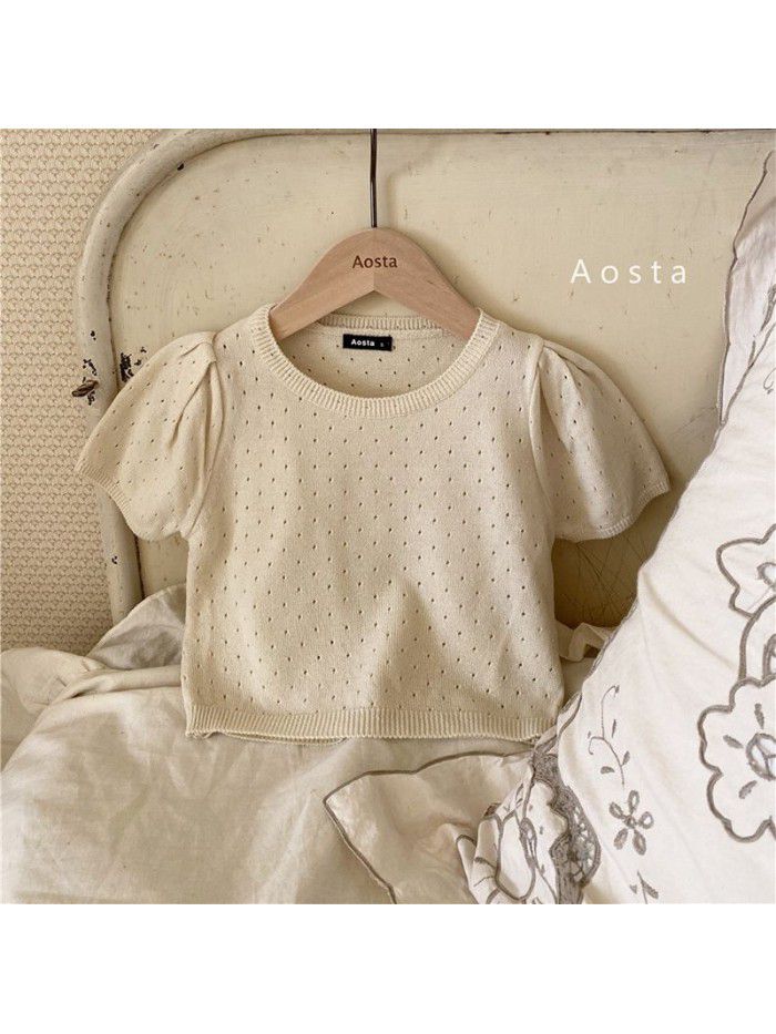 Children's summer new style children's bubble sleeve knitted T-shirt top girls round neck pullover 