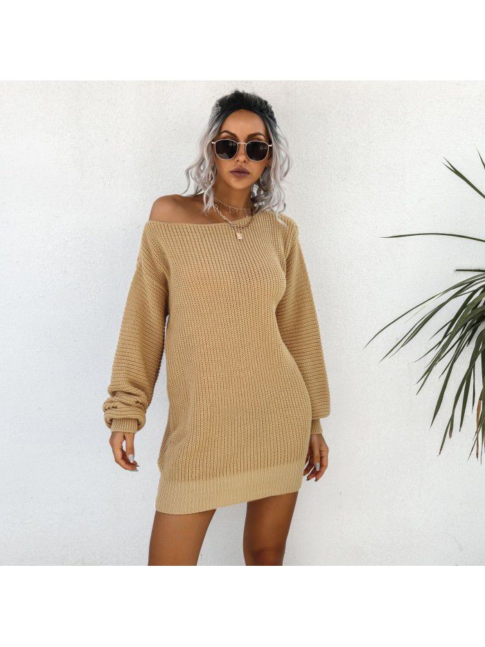 Women's autumn and winter dress casual off shoulder lantern sleeve knitted woolen dress 