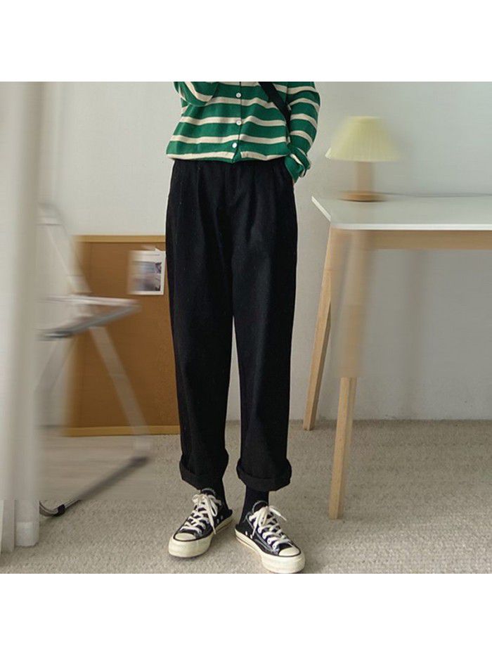 Loose fitting workwear women's casual pants Spring new half elastic waist slimming solid color versatile straight leg pants 