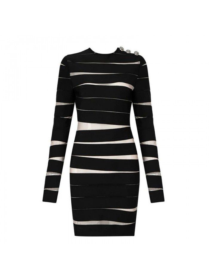 Women's Long Sleeve Mesh Irregular Striped Black Classic Long Sleeve Dress 