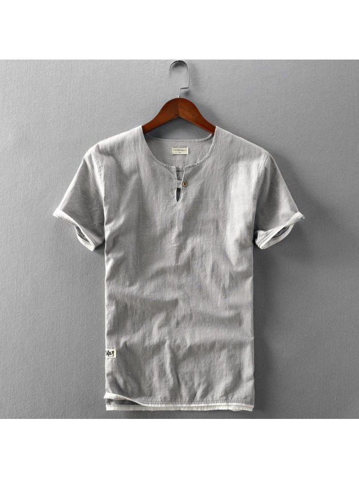 Summer New Men's Linen T-shirt Casual Wash Round Neck Cotton Linen Short Sleeve T-shirt 