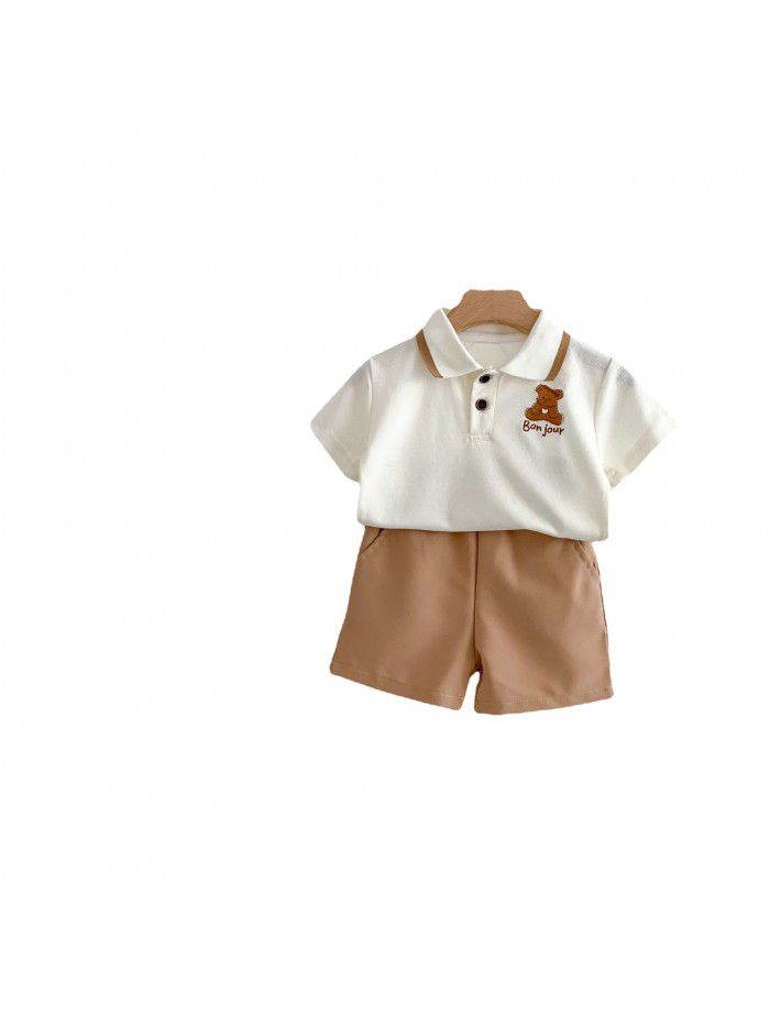 Boys and Girls' Academy Style Cartoon Set Polo Short Sleeve Dress New Korean Campus Style Siblings 